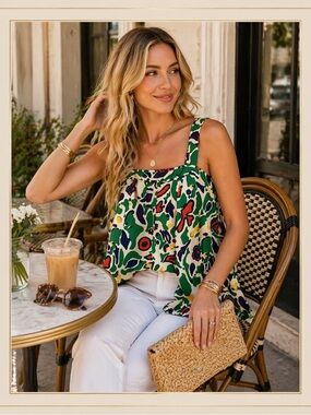Eliot Danori Green Cream Abstract Print Sleeveless Top